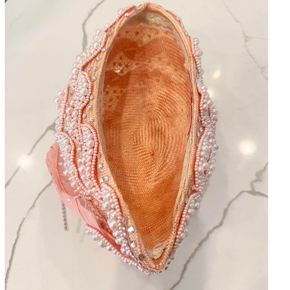 George Zamau'l‎ Couture | Rare Vintage 1940s Pink Felt Rhinestone Feather Hat - Picture 5 of 8